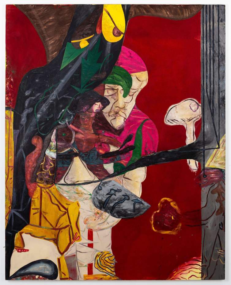 Small and Large Swimmers with Mushrooms is a vertical abstract painting with a mix of shapes and colors, including red, yellow, black, and green, with various figures and forms including mushrooms and faces blending into one another.