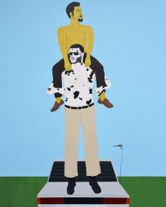 Lemon Boy and Cowboy is a painting of a shirtless man with yellow skin sitting on the shoulders of a man wearing a white and black-spotted shirt, beige pants, and brown shoes, set against a blue background, and they are standing on the trunk of a car.