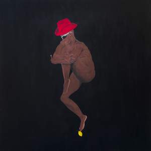 Light as a Leaf depicts a nude person with dark skin tone embracing one knee, floating against a dark background, wearing a red hat and sunglasses, with a lemon just below their toe.