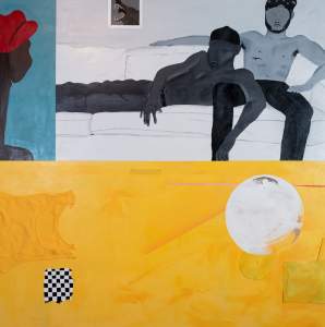 Loyalty is a mixed media artwork with  two men lounging on a couch in monochrome above a vibrant yellow section with abstract elements, including a white tank top and a checkerboard pattern.