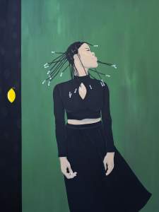 Sounds of Beads is a painting of a woman turning her head to the side as her beaded braided hair spins around her. She is wearing a black dress, set against a green background with a small yellow lemon on the left side.