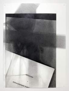“Like It Is: Memoirs of Extraordinary Popular Delusions” is a graphite drawing mimicking the texture of a Xerox print, showing an open book page reading “MEMOIRS OF EXTRAORDINARY POPU…” over a gray background with indeterminate shadows overlaid.