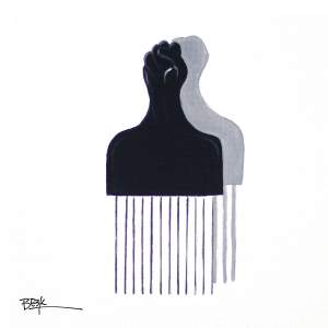 Power is a nearly square painting of a wire hair pick with a Black power fist as handle on a white background.