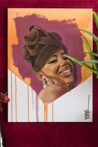 Something's Are Priceless is a painting of a radiantly smiling Black woman with hair styled up in wide curls. She wears a large bamboo heart hearing hand has one gold tooth.