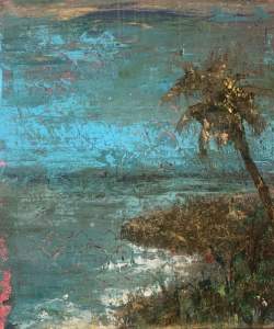 Exotic Island - Cosmetic Corruption I is a textured painting of a beach landscape with a palm tree leaning in from the right. A pattern is visible through the texture of the paint.