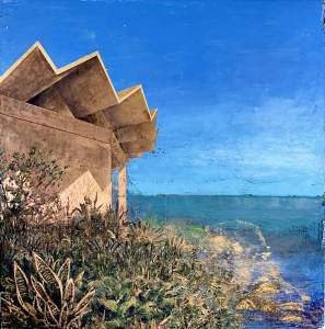 ID. Centro Comunal Parcelas Suárez, Loíza, PR is a concrete building with a zig zag peaked roof overlooks an ocean vista in this textured painting.