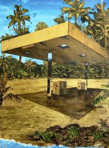 Investment Opportunity, Guánica, Puerto Rico is a painting of an abandoned gas station portico in gold tones stands in front of palm trees and blue sky.