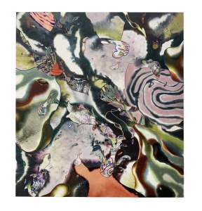 Velvet Mineral Tongue is an abstract textile work featuring fluid shapes and vibrant colors with textured patterned shapes outlined in embroidery thread.