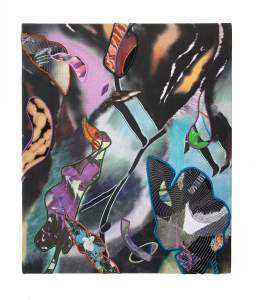 Storm Cell Dawn is an abstract textile work with a field of multicolored canvas interrupted with various cutout patterned textiles in abstract fluid shapes outlined in embroidery thread.