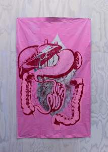 Bliss Point (Autopsies 3) has pink and red illustrated intestines and organs, on a metallic mylar material. Much of the background is painted bright pink, with a leaf like shape in the center revealing the shiny mylar.