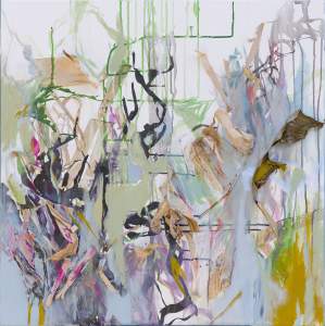 Through Matter is an abstract painting featuring a mix of vibrant and pastel colors with chaotic brushstrokes and fragmented shapes on a light background.