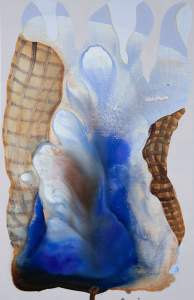 Dusk is a tall vertical abstract painting. From a base of deep indigo blue , undulating light shapes step up to the top, framed on each side by two brown gridded leaf shapes.