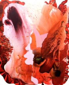 Burning Embers is a vertical abstract painting with undulating washes in reds, pinks and oranges, with the edges of the curved layered shapes in sharp contrast with others. Splatters of orange and white interrupt the forms, and geometric patterning decorates forms at the perimeter.