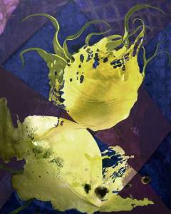 Double Trouble is a vertical abstract painting. On a deep blue-purple geometric background, two bright yellow-green rounded forms float, with wispy tendrils rising.