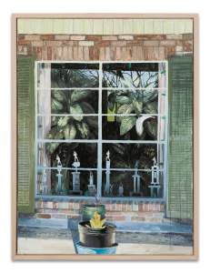 Trophies is a painting depicting an exterior view of a brick house window. Inside the window are multiple trophies on the sill, with dense green foliage visible through the glass.