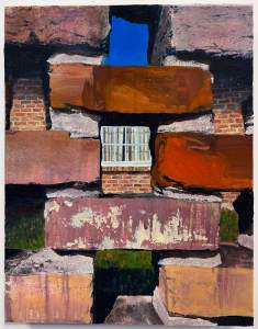 Brick Fence is a textured painting featuring bricks stacked unevenly with a window visible through a gap in the center. Blue sky and green grass visible through gaps.