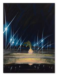 Parking Lot is a nighttime scene with bright streetlights illuminating a palm tree in the center; starburst effects radiate from the lights. The scene is viewed from inside a car, with the dashboard visible at the bottom.
