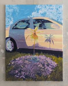 Sunset is a painting of a small palm tree with its shadow on the grass, beside a pink-white car reflecting the tree in its window, under a blue sky.