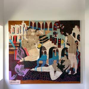 A painting featuring abstract human figures in various poses amidst an arch-filled, geometric background. The color palette includes earthy tones, blues, and reds.