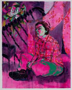 Commodore Point is an expressionistic painting of an abstracted domestic setting, where in tones of fuschia, teal, and black, a woman sits cross legged on the floor with slumped shoulders. Patterned fabric hangs behind her, and a spindled headboard is angled across the back.
