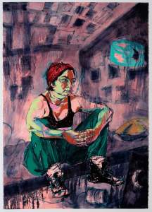 Main is an expressionistic painting where a woman sits in an abstracted space, resting her elbows on her bent knees.