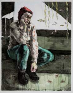 Regatta Pointe is a painting depicting a woman resting her chin on one hand, sitting on a bench gazing to the side. 3 grasshoppers are by her feet, and small fish and leaves float down to her right.