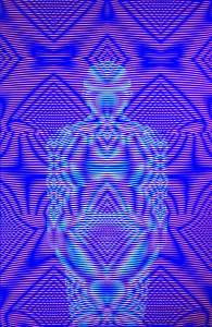 Epiphany is a vertical painting with a pink and blue moiré pattern with a human silhouette in a contrasting moiré pattern.