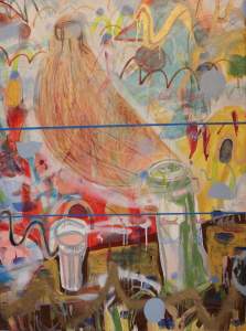 Lick Lust Loss Love Like Life is a mostly abstract painting of an imaginary kitchen setting with enamel sign paint of the words “lick, lust, loss, less, like, life, lend, loss, lead, lite”.