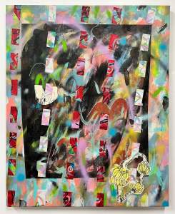 Banana Leaf Air Freshener is a primarily abstract painting with a pattern of rectangular cut canvas painted pieces sewn on.