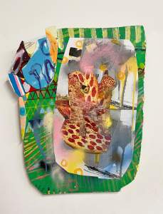 Green Apple Air Freshener is a collage created primarily from newspaper circulars over painting on drywall and glued segments of insulation foam.