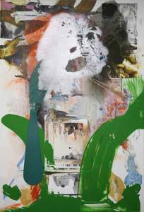 Extended Icon Series: Bacchus or Balzac is a vertical abstract painting anchored by large swashes of bright green towards the lower canvas. Textures and colors are layered on top of each other throughout the piece, with squared edges and interruptions evoking accumulation and removal of materials.