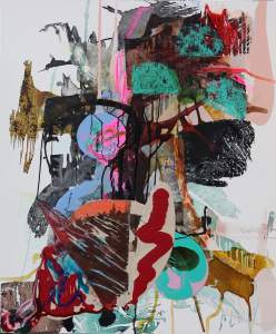 Tree Vision with Serpent, No Eve, Fear of Fire is a vertical abstract painting, with a collage of textures, shapes and materials accumulated together in a tree-like form at the center.