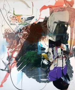 Brainstem: Foraging Memory (Canon) is an abstract vertical painting with an cacophonous accumulation of layered shapes and textures in a rounded form occupying most of the canvas to the lower right, with gestures and splatters spinning outwards.