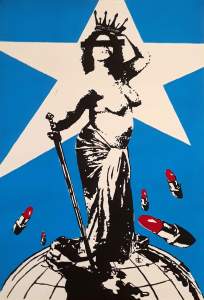 Beauty Queen VI is a high-contrast illustration of a topless woman with a sarong around her waist. She stands on top of a globe, holding a sword, wearing a crown with a black bar over her eyes. She is haloed with a large star, and lipsticks fall around her like bombs.