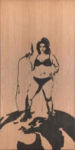 Beauty Queen IV is a high contrast illustration over wood grain of a woman in a bikini with combat boots standing on top of a globe. One hand on her hip, she holds a corded drill in the other.