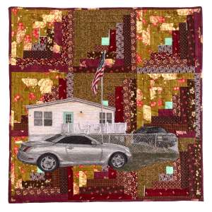 Log Cabin, Vernon Florida is a quilt featuring a house with a front porch, an American flag, a gray car, and a black car, all set against a background of multicolored fabric squares in earthy tones.