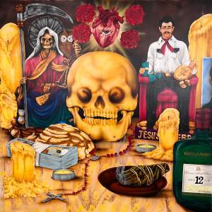 Por La Inocencia, Este Pobre Corazon Te Piede Misericordia is a painting of an abstracted tablescape with a large skull, a skeleton with a scythe, a seated man, candles, a heart, a bottle of whiskey, various religious symbols, and burning sage.