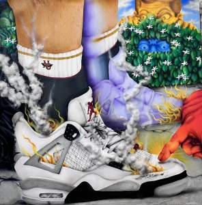 Them Shits Is Broke is a painting of a close-up of a foot in a white sneaker with small flames and smoke emanating, a red hand pointing towards it, and a background with colorful foliage and eyes spying from behind bush.