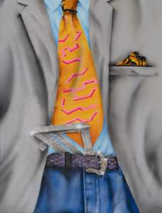La Escuadra is a painting of a person in a suit cropped to their shoulders and torso. They wear an orange, geometric-patterned tie, a matching pocket square, and blue jeans. A speed square  ruler is tucked into the waistband.