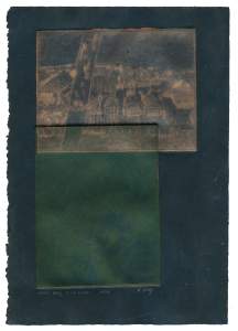 short days, long rides is a print on black paper with two impressions. The top (landscape) etching shows a view from the train going from Moscow to Aleksandrov while the bottom (portrait) etching shows a ghostly print of a friend spray painting in front of a chain linked fence in the train tracks behind the Japonica school art studios in New Orleans.