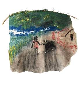 Cube Walker is an irregularly shaped, painting of a loosely painted child in a red dress leading a black animal along a path, with colorful abstract landscape in the background and a sketch of a house on the right.