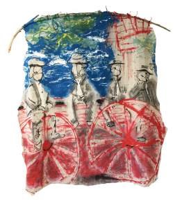 NFSA is an irregularly shaped painting that sketchily depicts a group of people with bicycles. The background features a blue sky with green and yellow swirls and a red structure on the right. The predominant colors are blue, red, and white.