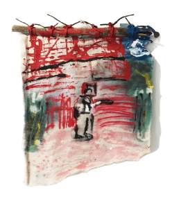 Rodney MS loosely depicts a person with hand extended on an abstracted red background. The painting is on an irregularly shaped scrap of canvas hung from a stick with ties.