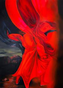 A surreal painting depicting a figure with arms outstretched, cloaked in bright red fabric billowing dramatically against a dark, mountainous landscape.