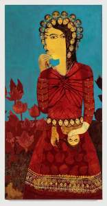 Silencing Her Polyphony is a stylized painting of a woman in a red dress holding a small face, with multiple small faces adorning her hair in a crown, set against a blue and red floral background.