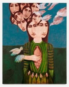 Transfiguration is a surreal painting depicting a woman with multiple faces and hands; white birds fly around her head, and one hand reaches into her open chest, set against a blue and green background.