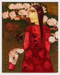 Floral Transfusion is a stylized painting of a woman with multiple eyes in a red dress holding a small detached hand, with lotus flowers and green foliage in the background.