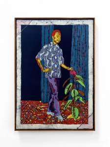 Papa is a framed batik artwork depicting a person in a patterned shirt and pants, standing next to a leafy plant, set against a colorful, abstract background.