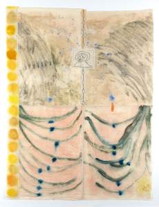 Abstract artwork features a central square with a spiral, surrounded by textured patterns in gray and blue. Yellow circles line the left edge, with brushstroke patterns below.