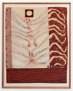 Abstract artwork with organic shapes and lines, featuring a circular element at the top. The left side has flowing lines, while the right side displays wavy patterns in earthy tones.